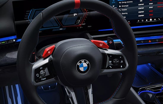 Close-up view of BMW M5 Touring steering wheel. | BMW of Okemos in Okemos MI