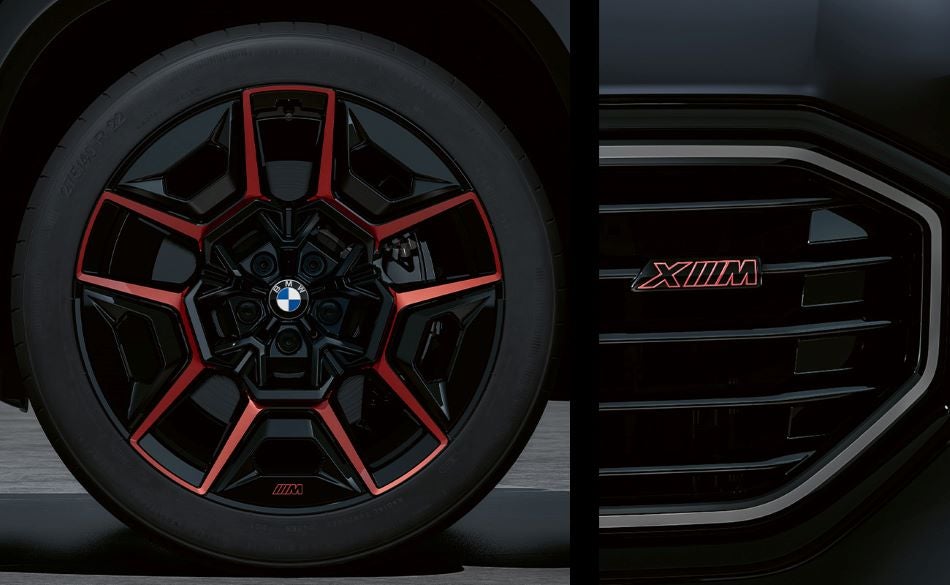 Detailed images of exclusive 22” M Wheels with red accents and XM badging on Illuminated Kidney Grille. in BMW of Okemos | Okemos MI